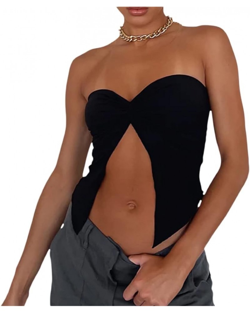 Women Strapless Tube Crop Tops Lace Trim Patchwork Off Shoulder Tops Summer Aesthetic Backless Hollow Out Vest M-black $7.66 ...