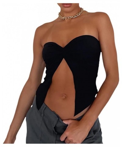 Women Strapless Tube Crop Tops Lace Trim Patchwork Off Shoulder Tops Summer Aesthetic Backless Hollow Out Vest M-black $7.66 ...