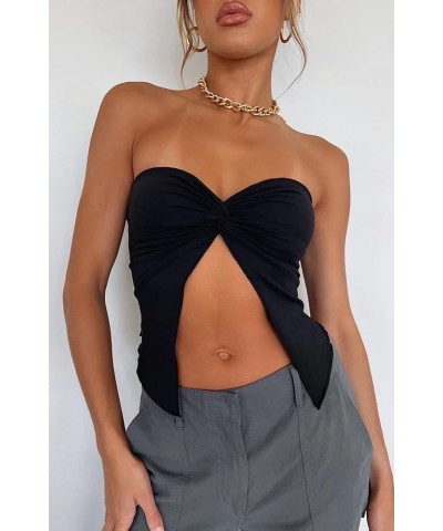 Women Strapless Tube Crop Tops Lace Trim Patchwork Off Shoulder Tops Summer Aesthetic Backless Hollow Out Vest M-black $7.66 ...