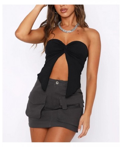 Women Strapless Tube Crop Tops Lace Trim Patchwork Off Shoulder Tops Summer Aesthetic Backless Hollow Out Vest M-black $7.66 ...