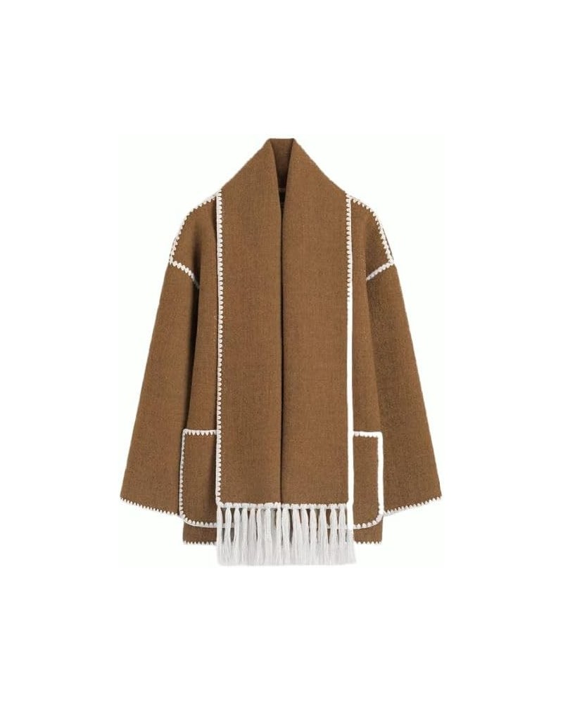 Womens Embroidered Tassel Scarf Jacket Long Sleeve Round Neck Casual Winter Coats with Pockets Coffee $23.97 Jackets