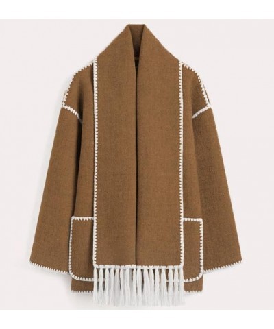 Womens Embroidered Tassel Scarf Jacket Long Sleeve Round Neck Casual Winter Coats with Pockets Coffee $23.97 Jackets