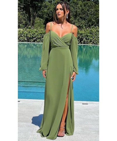 Cold Shoulder Long Sleeve Bridesmaid Dresses with Slit for Wedding Ruched Chiffon Formal Evening Gown Mustard Yellow $26.00 D...