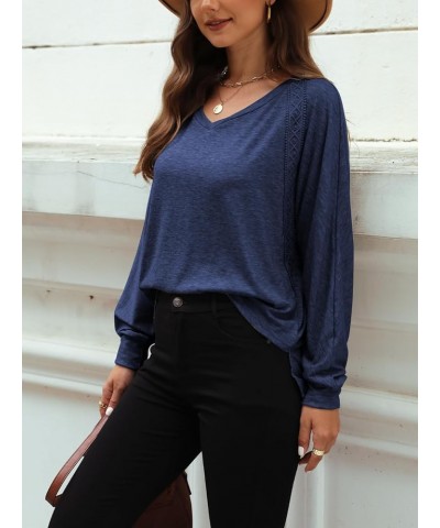 Women Long Sleeve V Neck Oversize Blouses Trendy Loose Lace Sleeves Casual Fall Tunic Tops T Shirt Navy $12.50 Blouses