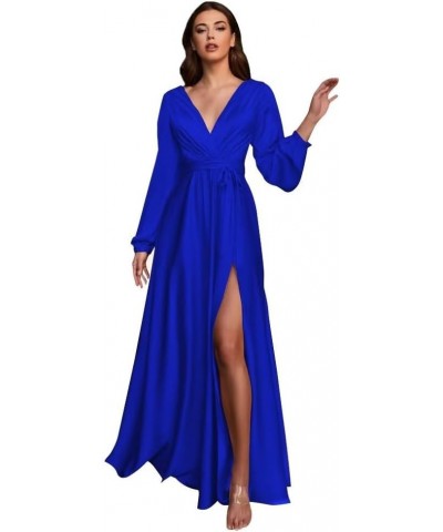 Women's Long Sleeve Bridesmaid Dresses for Wedding V-Neck Satin Formal Dress Evening Gowns with Slit Royal Blue $27.94 Dresses