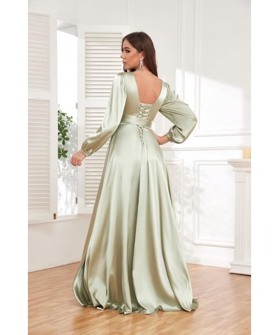 Women's Long Sleeve Bridesmaid Dresses for Wedding V-Neck Satin Formal Dress Evening Gowns with Slit Royal Blue $27.94 Dresses