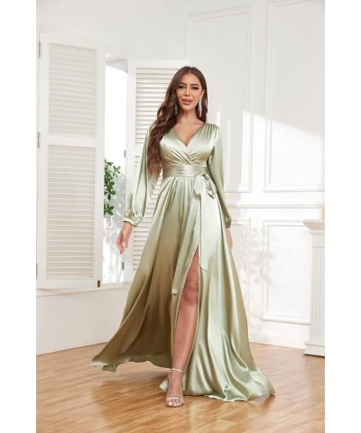 Women's Long Sleeve Bridesmaid Dresses for Wedding V-Neck Satin Formal Dress Evening Gowns with Slit Royal Blue $27.94 Dresses