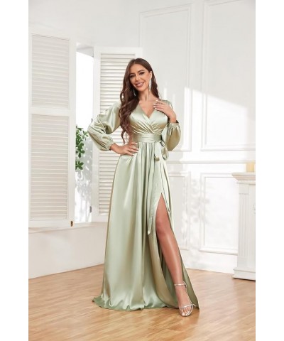 Women's Long Sleeve Bridesmaid Dresses for Wedding V-Neck Satin Formal Dress Evening Gowns with Slit Royal Blue $27.94 Dresses