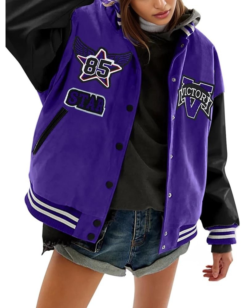 Women Letter Print Bomber Baseball Jacket with Padded Colorblock Varsity Coat Y2K Outerwear Purple $16.75 Jackets