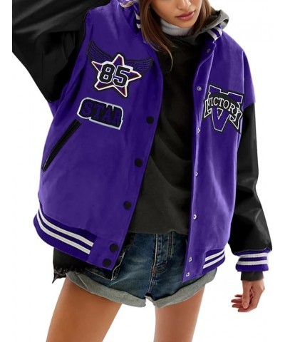 Women Letter Print Bomber Baseball Jacket with Padded Colorblock Varsity Coat Y2K Outerwear Purple $16.75 Jackets