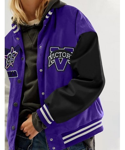 Women Letter Print Bomber Baseball Jacket with Padded Colorblock Varsity Coat Y2K Outerwear Purple $16.75 Jackets