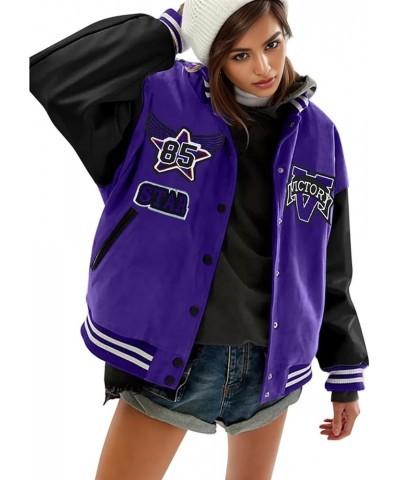 Women Letter Print Bomber Baseball Jacket with Padded Colorblock Varsity Coat Y2K Outerwear Purple $16.75 Jackets