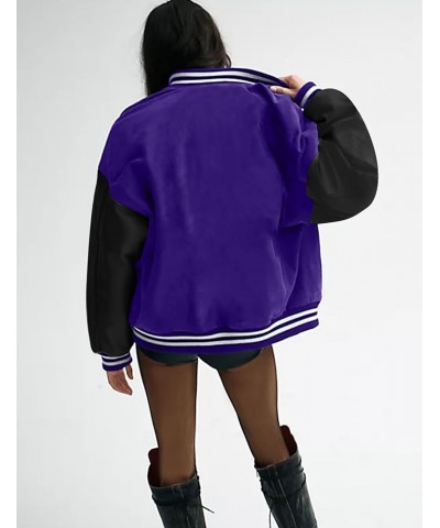 Women Letter Print Bomber Baseball Jacket with Padded Colorblock Varsity Coat Y2K Outerwear Purple $16.75 Jackets