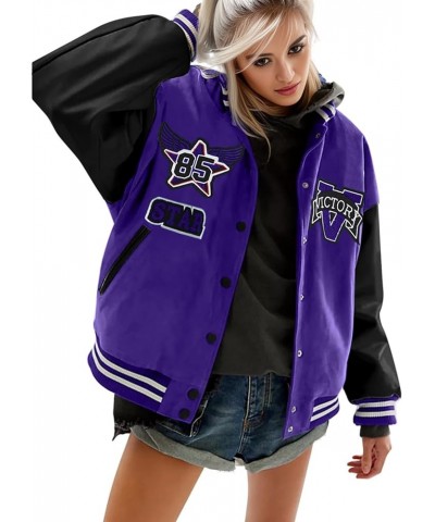 Women Letter Print Bomber Baseball Jacket with Padded Colorblock Varsity Coat Y2K Outerwear Purple $16.75 Jackets