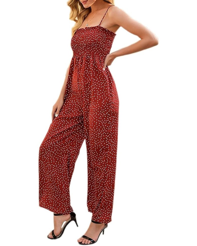 Women Loose Strappy Wide Leg Polka Dot Summer Jumpsuit Overall Ruched Elastic Long Pants Romper Jumpsuit Ared $15.60 Jumpsuits