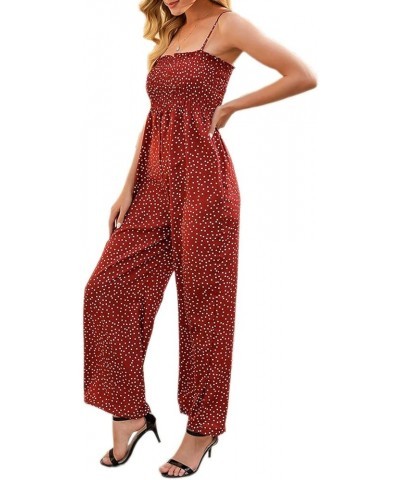 Women Loose Strappy Wide Leg Polka Dot Summer Jumpsuit Overall Ruched Elastic Long Pants Romper Jumpsuit Ared $15.60 Jumpsuits