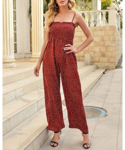 Women Loose Strappy Wide Leg Polka Dot Summer Jumpsuit Overall Ruched Elastic Long Pants Romper Jumpsuit Ared $15.60 Jumpsuits