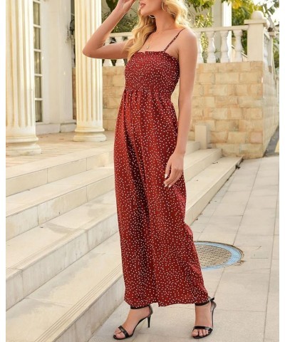 Women Loose Strappy Wide Leg Polka Dot Summer Jumpsuit Overall Ruched Elastic Long Pants Romper Jumpsuit Ared $15.60 Jumpsuits