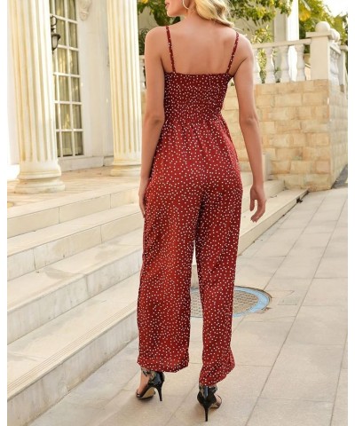 Women Loose Strappy Wide Leg Polka Dot Summer Jumpsuit Overall Ruched Elastic Long Pants Romper Jumpsuit Ared $15.60 Jumpsuits