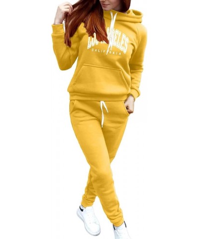 Plus Size Two Piece Sets For Women Casual Letter Graphic Hooded Sweatshirt Jogging Pant Sport Drawstring Tracksuits Yellow 01...