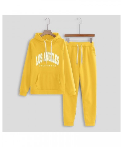 Plus Size Two Piece Sets For Women Casual Letter Graphic Hooded Sweatshirt Jogging Pant Sport Drawstring Tracksuits Yellow 01...