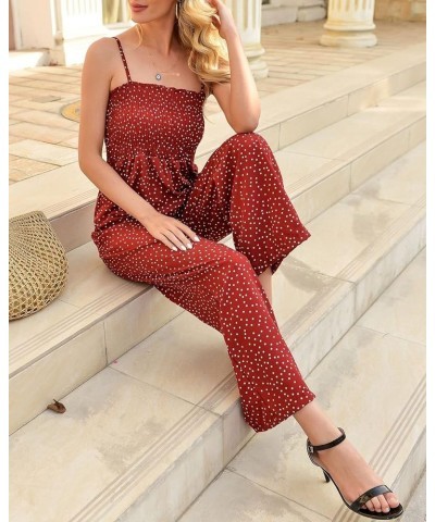 Women Loose Strappy Wide Leg Polka Dot Summer Jumpsuit Overall Ruched Elastic Long Pants Romper Jumpsuit Ared $15.60 Jumpsuits