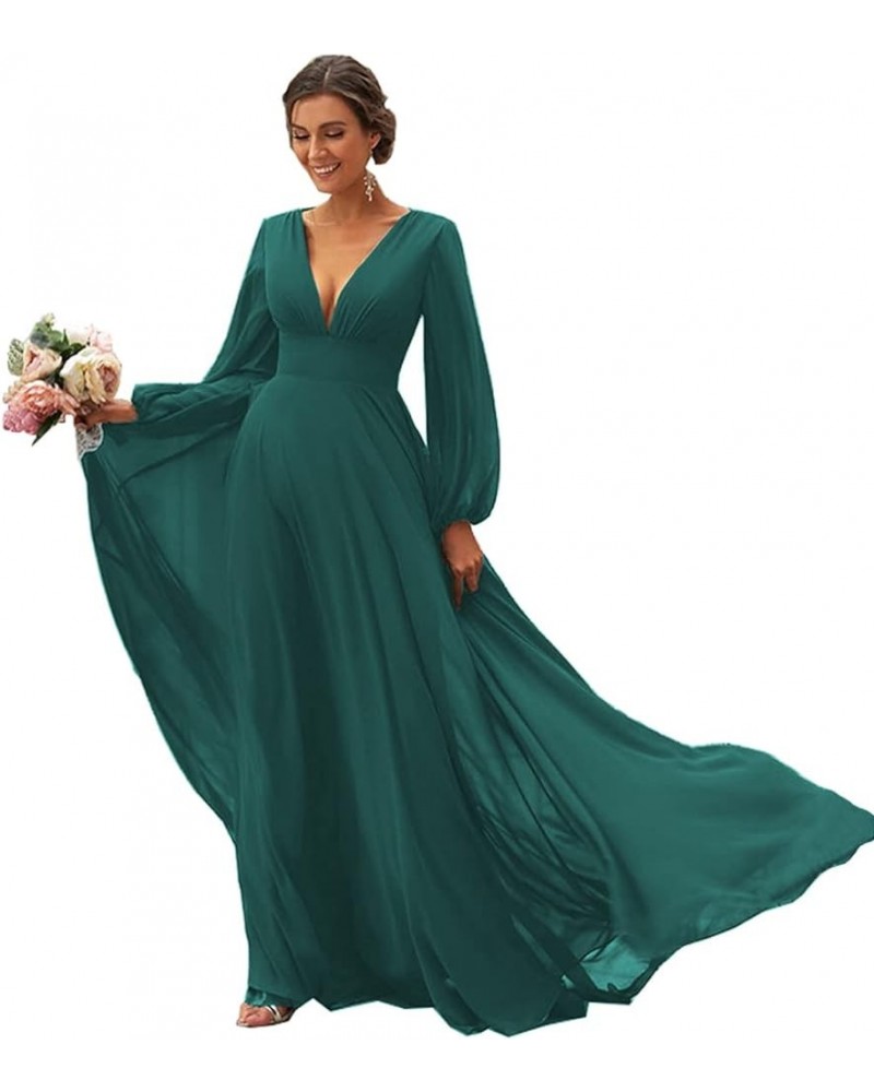 Women's Long Sleeves Bridesmaid Dresses V-Neck Chiffon A Line Formal Dress Evening Gowns with Train Teal $29.14 Dresses