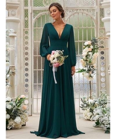 Women's Long Sleeves Bridesmaid Dresses V-Neck Chiffon A Line Formal Dress Evening Gowns with Train Teal $29.14 Dresses