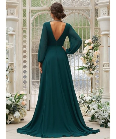 Women's Long Sleeves Bridesmaid Dresses V-Neck Chiffon A Line Formal Dress Evening Gowns with Train Teal $29.14 Dresses