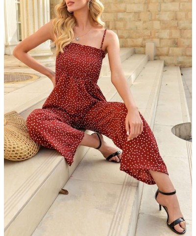 Women Loose Strappy Wide Leg Polka Dot Summer Jumpsuit Overall Ruched Elastic Long Pants Romper Jumpsuit Ared $15.60 Jumpsuits