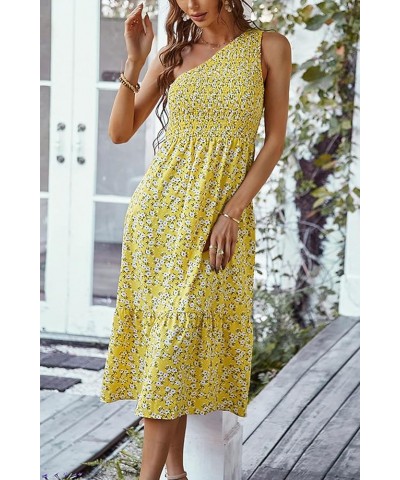 Women One Shoulder Sleeveless Dresses Smocked High Waist Floral Print Boho Pleated Swing Maxi Long Dress D Yellow $15.39 Dresses