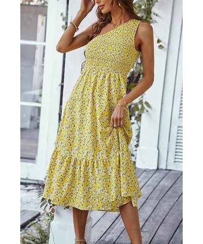 Women One Shoulder Sleeveless Dresses Smocked High Waist Floral Print Boho Pleated Swing Maxi Long Dress D Yellow $15.39 Dresses