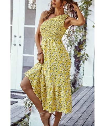 Women One Shoulder Sleeveless Dresses Smocked High Waist Floral Print Boho Pleated Swing Maxi Long Dress D Yellow $15.39 Dresses