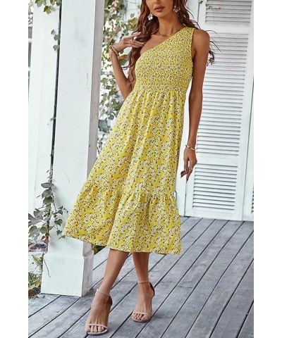 Women One Shoulder Sleeveless Dresses Smocked High Waist Floral Print Boho Pleated Swing Maxi Long Dress D Yellow $15.39 Dresses