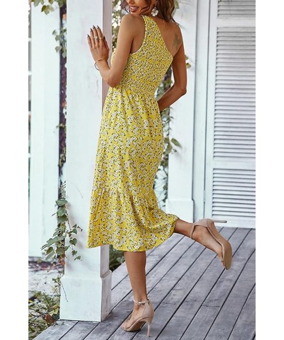 Women One Shoulder Sleeveless Dresses Smocked High Waist Floral Print Boho Pleated Swing Maxi Long Dress D Yellow $15.39 Dresses