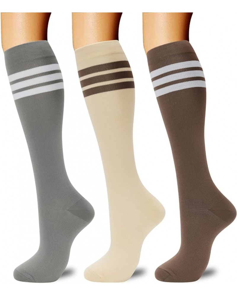 Compression Socks for Women Men Support Socks Knee High Nurses, Pregnancy, Running, Flying, Sports 21-3 Pairs-gray/Beige/Brow...