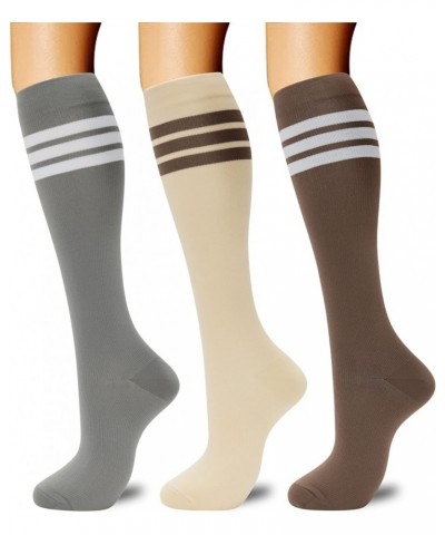 Compression Socks for Women Men Support Socks Knee High Nurses, Pregnancy, Running, Flying, Sports 21-3 Pairs-gray/Beige/Brow...