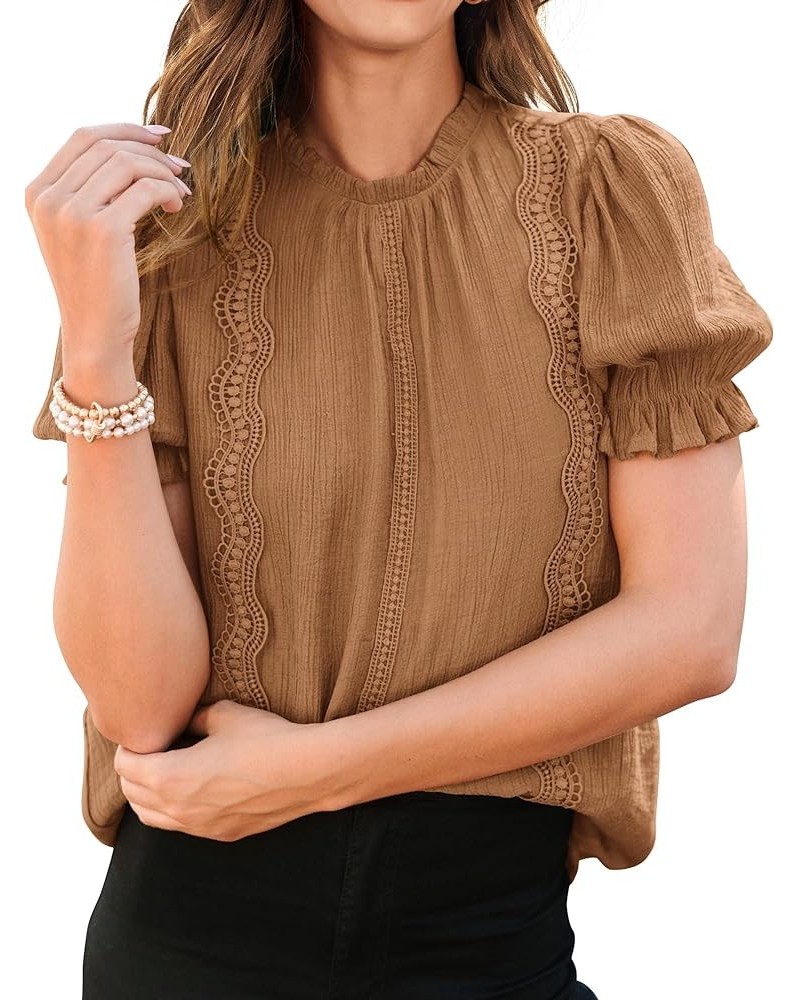 Puff Sleeve Tops 2024 Summer Dressy Casual Blouse Mock Neck Business Western Shirts Professional Office Clothes Khaki $12.29 ...