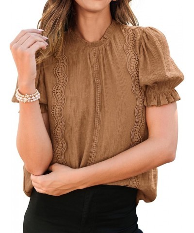 Puff Sleeve Tops 2024 Summer Dressy Casual Blouse Mock Neck Business Western Shirts Professional Office Clothes Khaki $12.29 ...