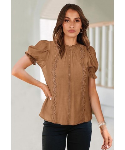 Puff Sleeve Tops 2024 Summer Dressy Casual Blouse Mock Neck Business Western Shirts Professional Office Clothes Khaki $12.29 ...