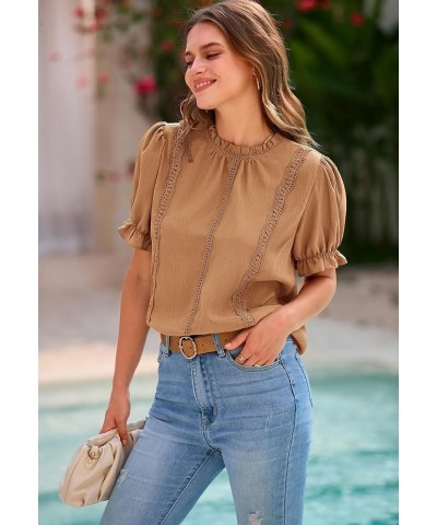 Puff Sleeve Tops 2024 Summer Dressy Casual Blouse Mock Neck Business Western Shirts Professional Office Clothes Khaki $12.29 ...