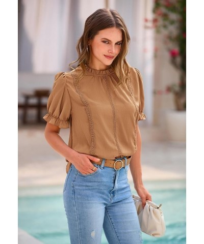 Puff Sleeve Tops 2024 Summer Dressy Casual Blouse Mock Neck Business Western Shirts Professional Office Clothes Khaki $12.29 ...