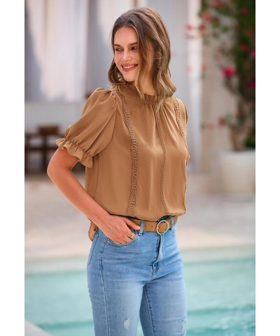 Puff Sleeve Tops 2024 Summer Dressy Casual Blouse Mock Neck Business Western Shirts Professional Office Clothes Khaki $12.29 ...