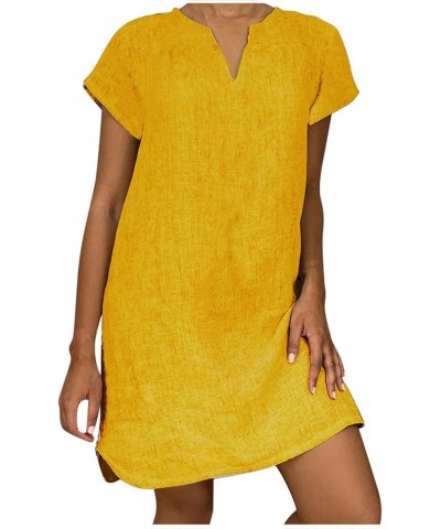 Summer Dresses for Women 2024 Casual Loose V-Neck Solid Short Sleeve Cotton and Linen Dress Beach Vacation Sundress Yellow $5...