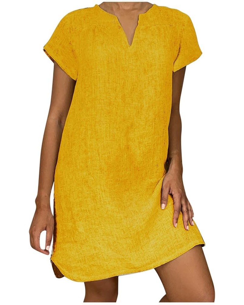 Summer Dresses for Women 2024 Casual Loose V-Neck Solid Short Sleeve Cotton and Linen Dress Beach Vacation Sundress Yellow $5...