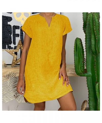 Summer Dresses for Women 2024 Casual Loose V-Neck Solid Short Sleeve Cotton and Linen Dress Beach Vacation Sundress Yellow $5...