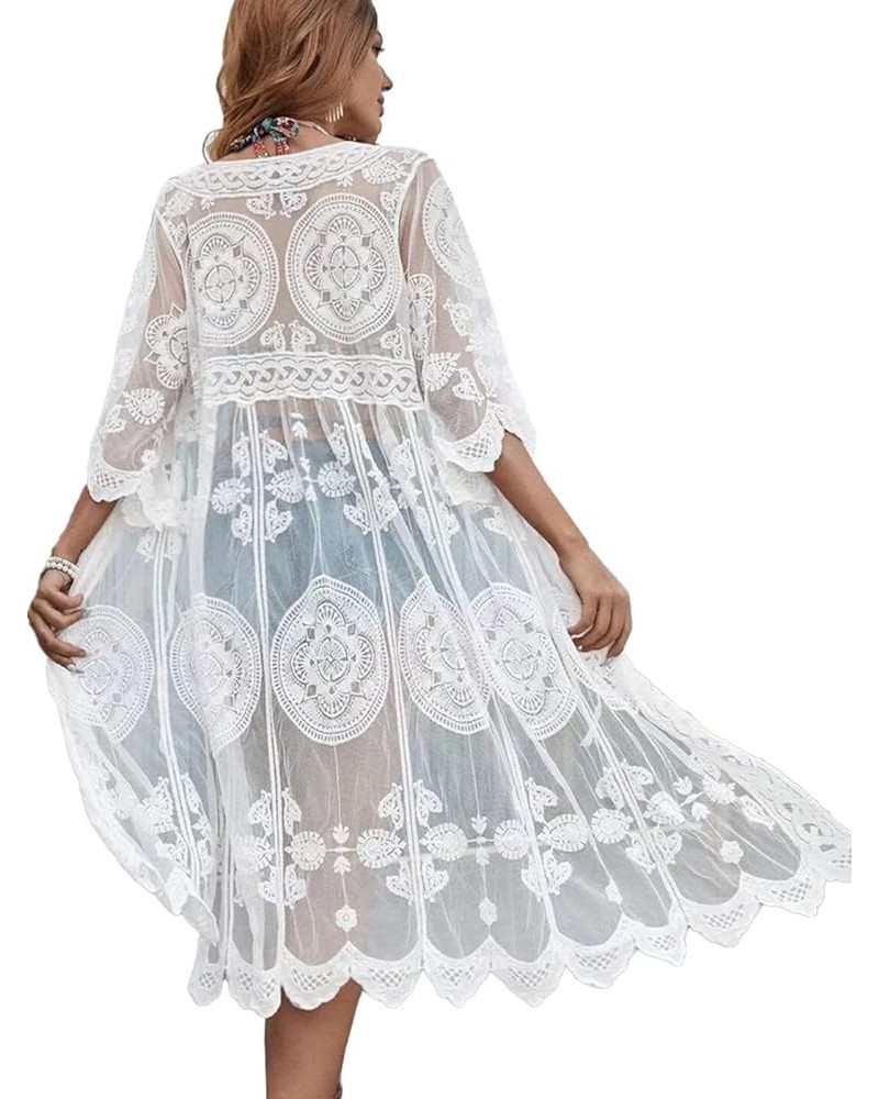 Women's Half Sleeve Tie Front Embroidered Lace Kimono Cardigan Coverup White $15.84 Sweaters