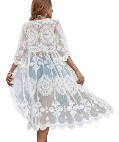 Women's Half Sleeve Tie Front Embroidered Lace Kimono Cardigan Coverup White $15.84 Sweaters