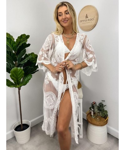 Women's Half Sleeve Tie Front Embroidered Lace Kimono Cardigan Coverup White $15.84 Sweaters