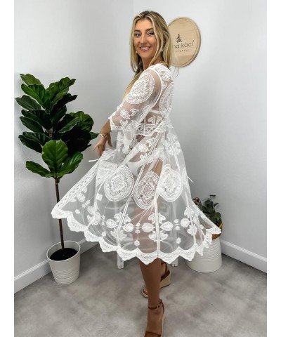 Women's Half Sleeve Tie Front Embroidered Lace Kimono Cardigan Coverup White $15.84 Sweaters